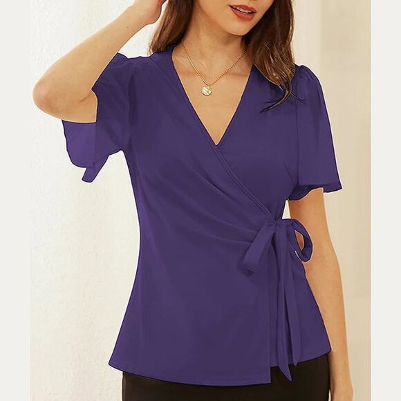 2025 Womens Summer Tops Dressy Business Casual Chiffon Short Sleeve - Picture 4 of 7